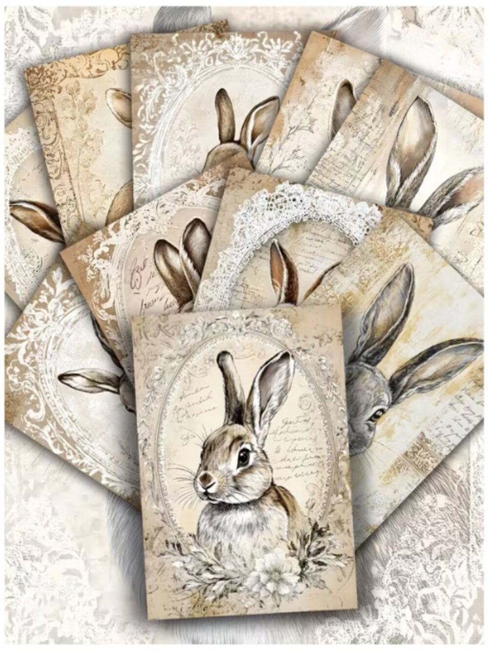 Postcards Retro Brown Rabbit Lace Vintage Illustrations DIY Crafts Junk Journal